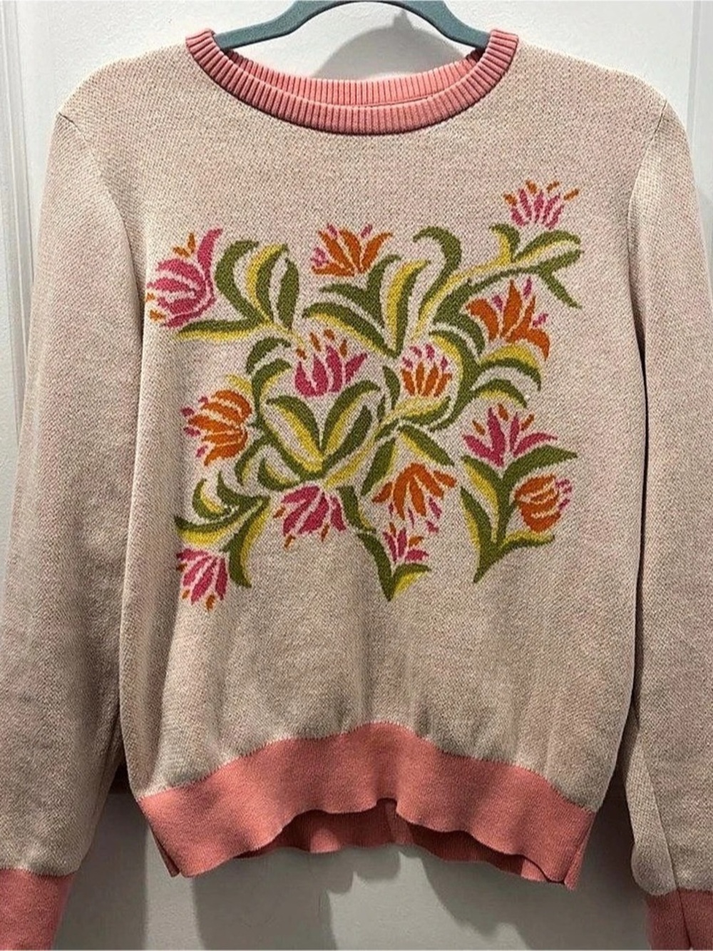 Puma x Dani Dazey Floral Knit Crewneck Sweater Pink & Green Medium